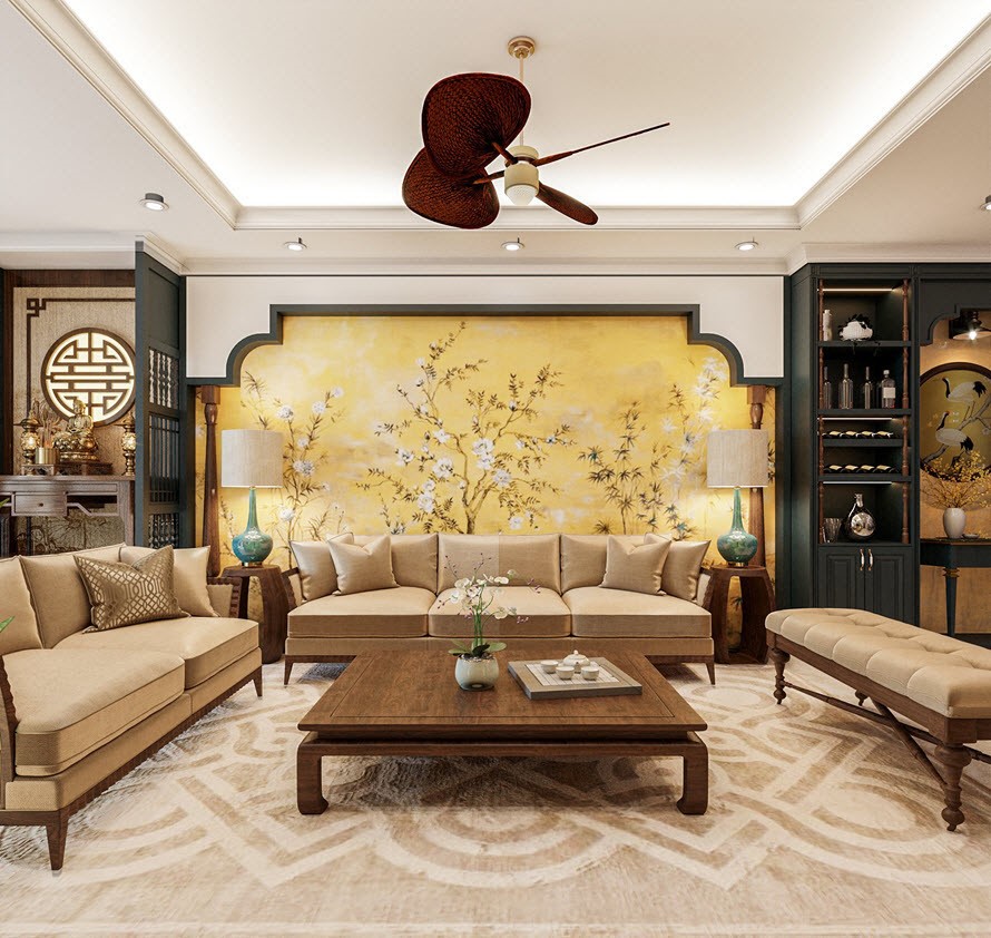 Không gian phòng khách ấn tượng với bộ sofa bàn trà được giữ nguyên vân gỗ tự nhiên, mang lại cảm giác ấm áp.