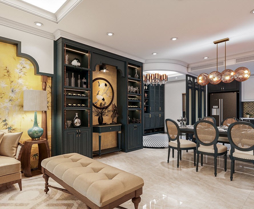 Liên thông với khu vực bếp là không gian tiếp khách sang trọng, với hệ thống tủ trang trí đồ decor và rượu đẹp mắt.