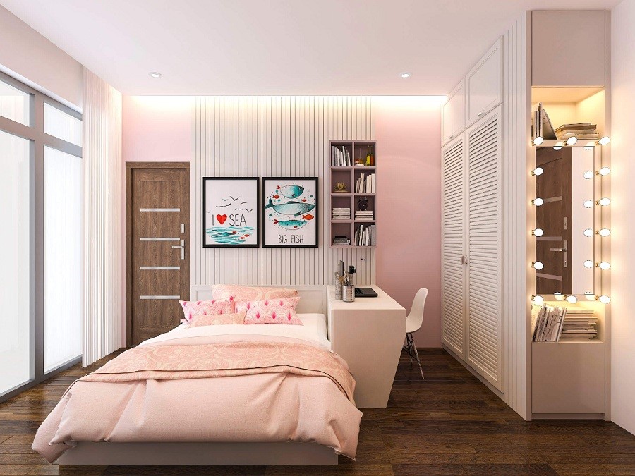 Ph&ograve;ng ngủ b&eacute; g&aacute;i sở hữu một vẻ đẹp ri&ecirc;ng qua sắc m&agrave;u hồng nhạt dễ thương ph&ugrave; hợp với sở th&iacute;ch cũng như lứa tuối của trẻ.