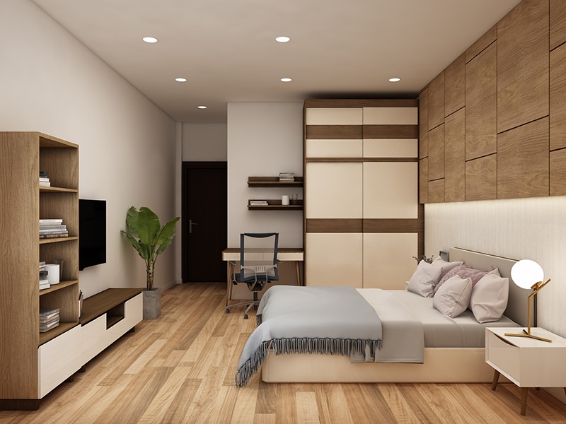 Ph&ograve;ng ngủ master được thiết kế đầy đủ tiện nghi c&oacute; b&agrave;n l&agrave;m việc thuận tiện cho gia chủ .