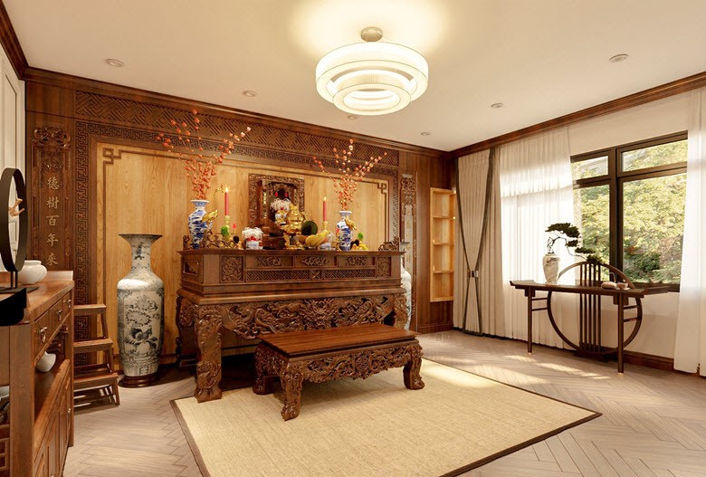 Khu vực thờ tự trang nghiêm với nội thất được làm hoàn toàn từ gỗ tự nhiên. Trong đó án gian thờ được làm từ gỗ gụ, chạm trổ rồng phượng công phu.