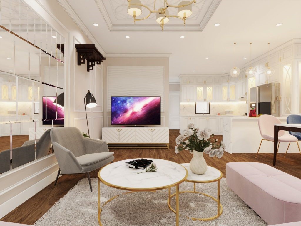 Th&ecirc;m vào đó, b&ocirc;̣ gh&ecirc;́ sofa với m&agrave;u h&ocirc;̀ng cánh sen quá h&agrave;i h&ograve;a với n&ocirc;̣i th&acirc;́t t&ocirc;ng màu trắng chủ đạo của căn h&ocirc;̣.