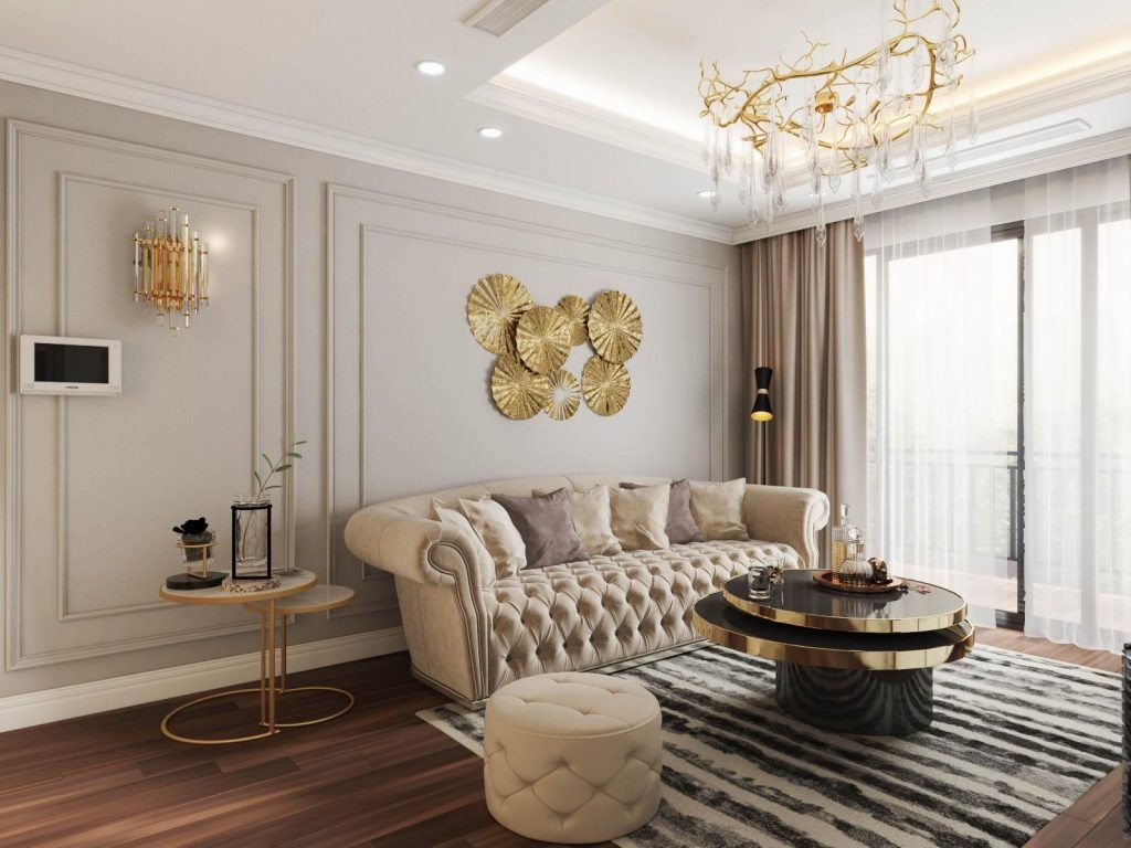 Không gian phòng khách phong cách Tân cổ điển sang trọng, tinh tế trong căn hộ 80m2 của gia đình chị Trang.