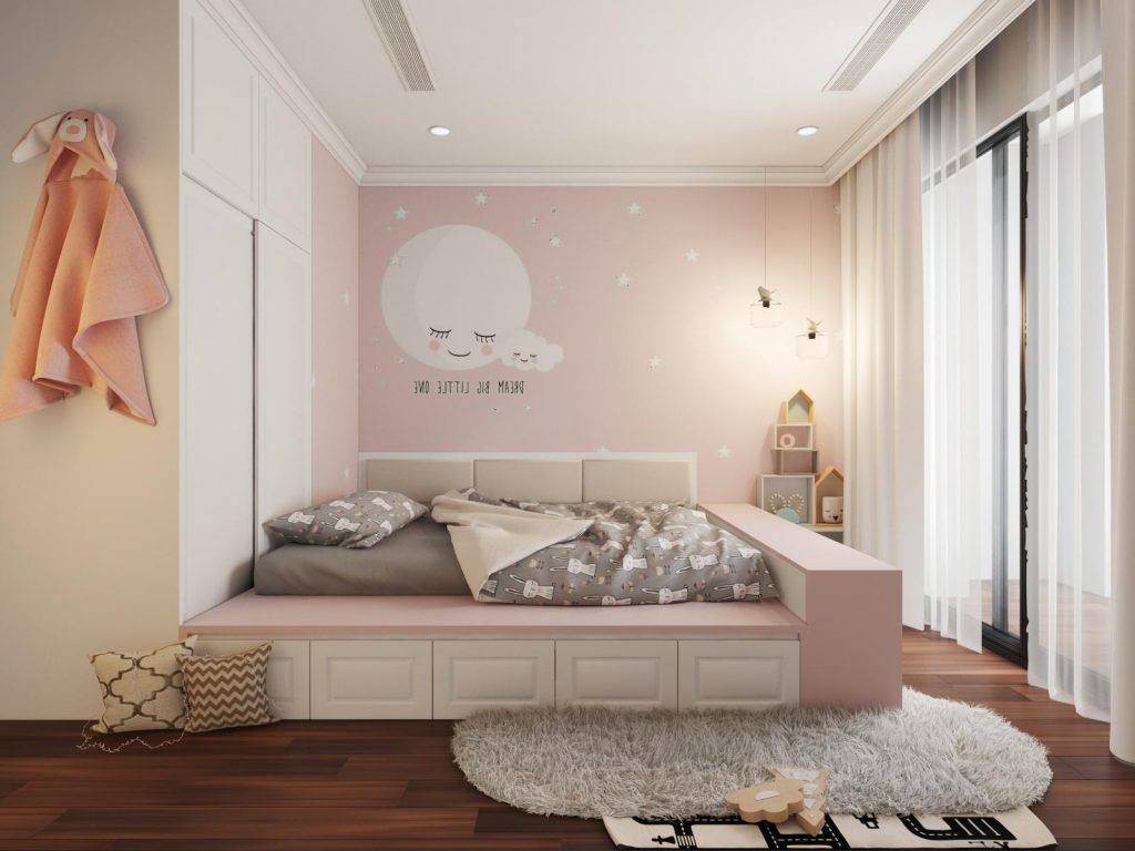 Với phòng ngủ của công chúa chuẩn bị chào đời, chị Trang chọn thiết kế nội thất phòng ngủ trẻ em với sắc hồng tươi tắn.