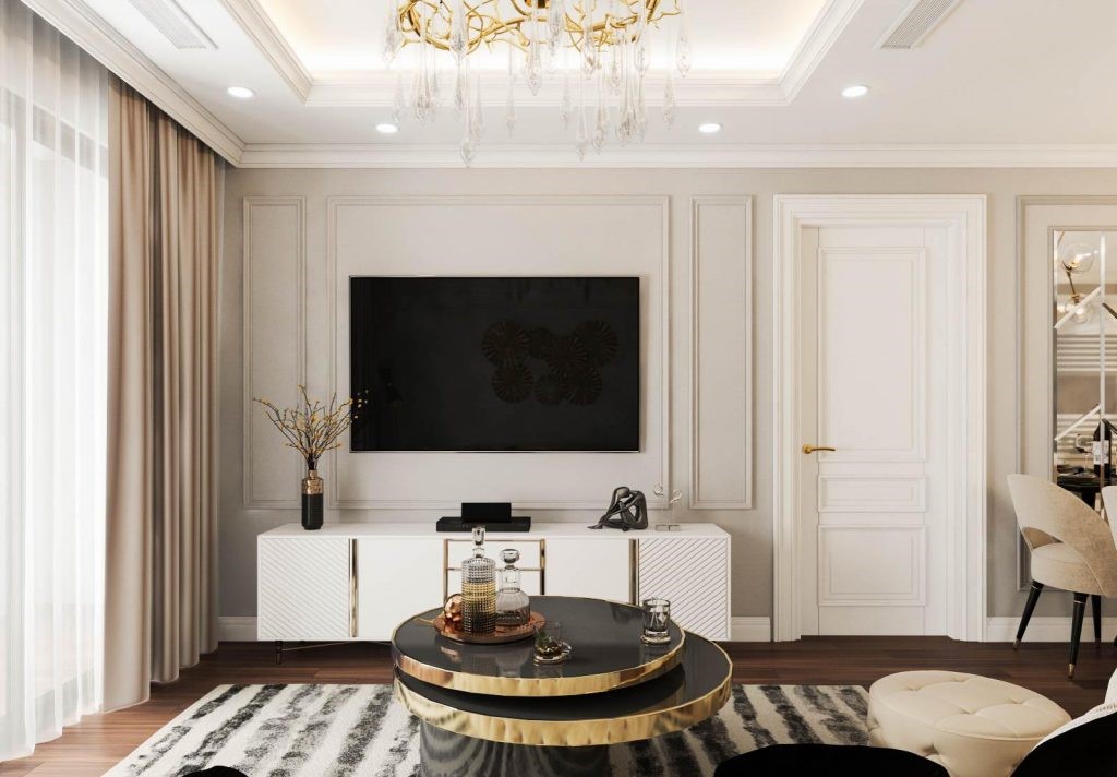 Chọn thiết kế phòng khách với màu trắng làm chủ đạo, kết hợp cùng các phụ kiện decor, phào chỉ trên tường và trần đã tôn lên vẻ sang chảnh nơi đây.