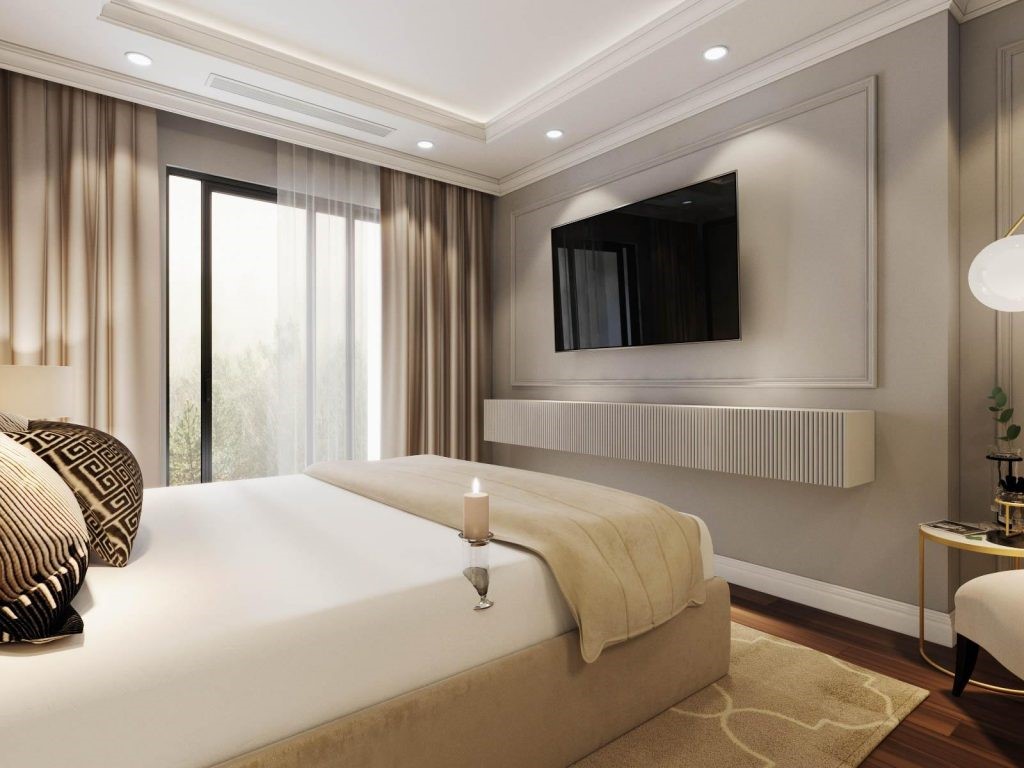 Góc phòng ngủ sang trọng với tivi treo tường