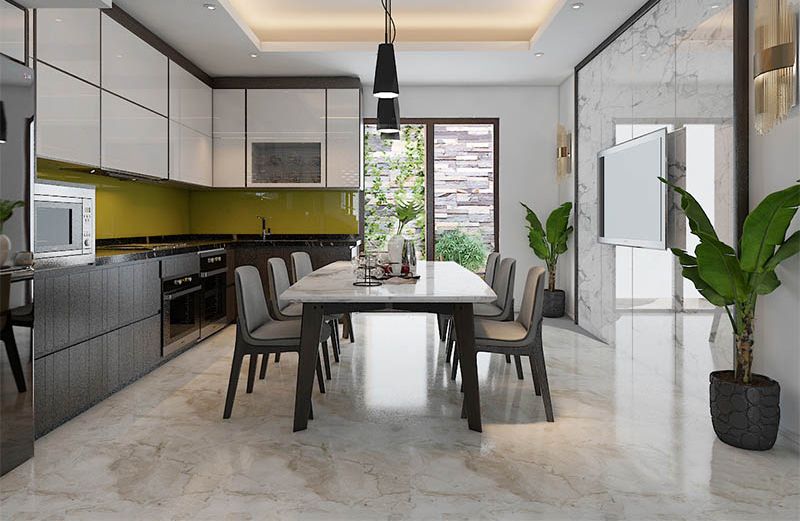 Bếp và phòng ăn tông màu xám thanh lịch, thiết kế hệ tủ thông minh, tích hợp nhiều ngăn tạo nên không gian sử dụng tối ưu cho gia đình.