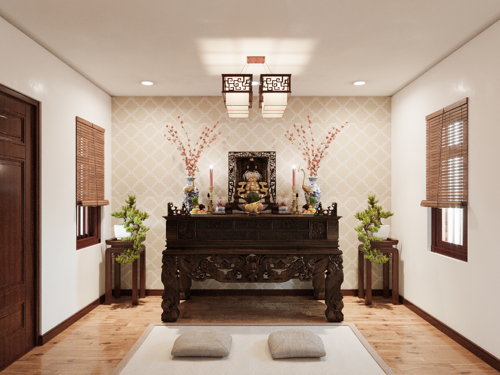 Phòng thờ được thiết kế trang nghiêm thể hiện lòng tôn kính với các bậc tiền bối.