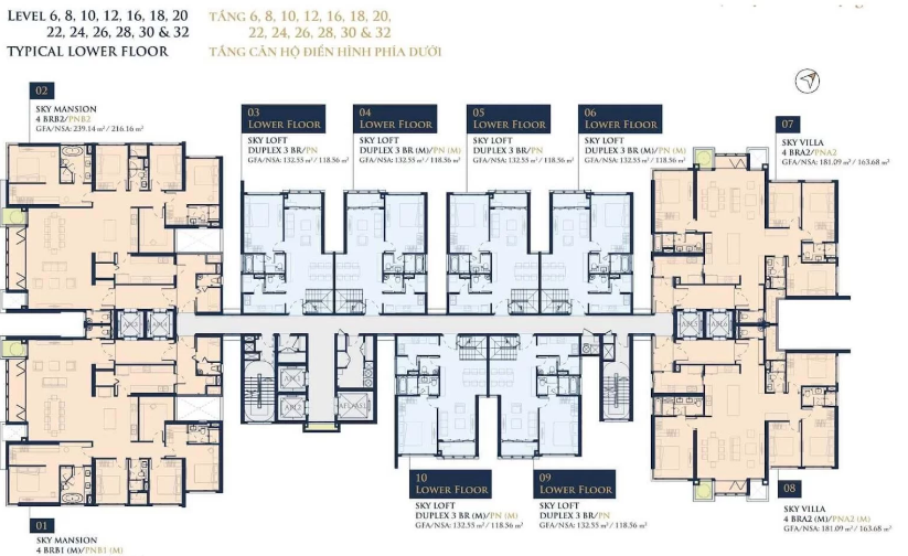 Mặt bằng các tầng 6, 8, 10, 12, 16, 18, 20, 22, 24, 26, 28, 30 và 32 thuộc tòa Altaz dự án Feliz En Vista 