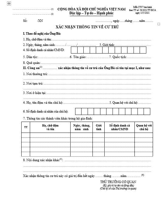  Mẫu giấy xác nhận các thông tin về cư trú (mẫu CT07)