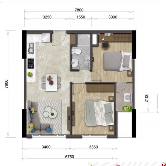 Mặt bằng căn hộ Mizuki Park diện tích 56m2, 2PN, 1 WC