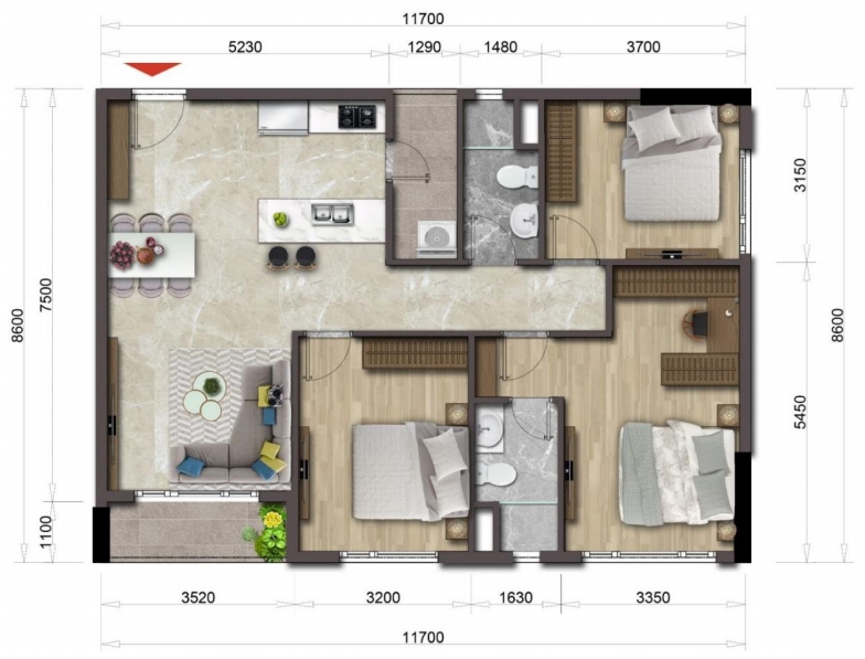 Mặt bằng căn hộ Mizuki Park diện tích 98m2, 3PN, 2 WC