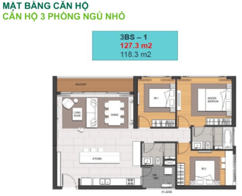 Mặt bằng căn hộ 3 phòng ngủ nhỏ Linden Residence