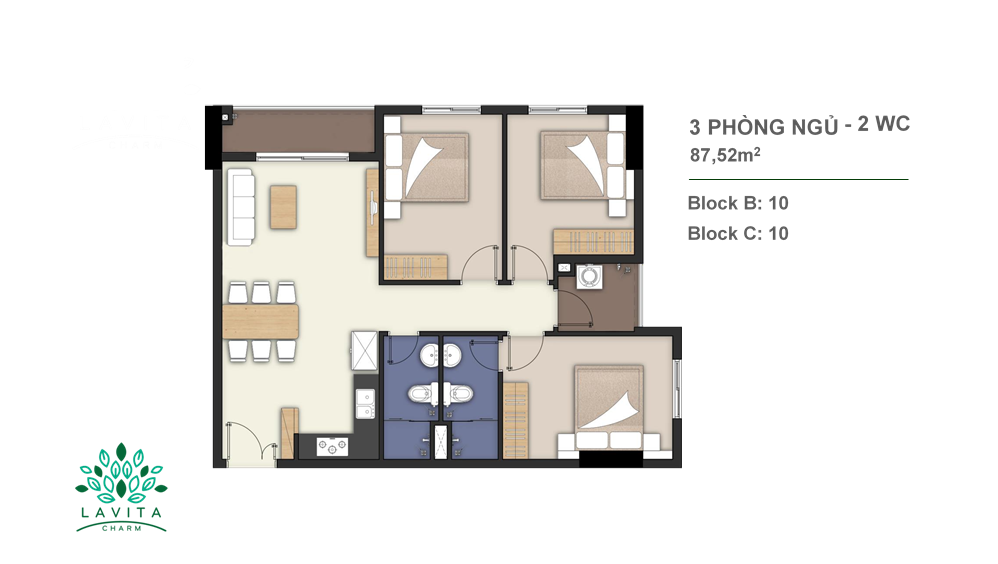 Mặt bằng căn hộ 3 phòng ngủ, 2 vệ sinh diện tích 87,52m2, view Quận 2, sông Sài Gòn