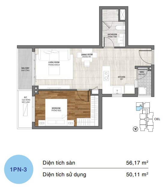 Mặt bằng căn hộ One Verandah 1 phòng ngủ loại 3