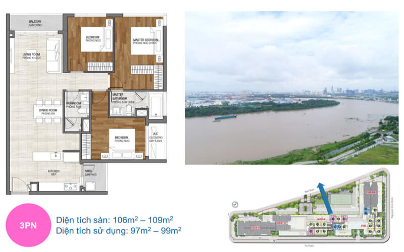 Mặt bằng căn hộ One Verandah 3 phòng ngủ