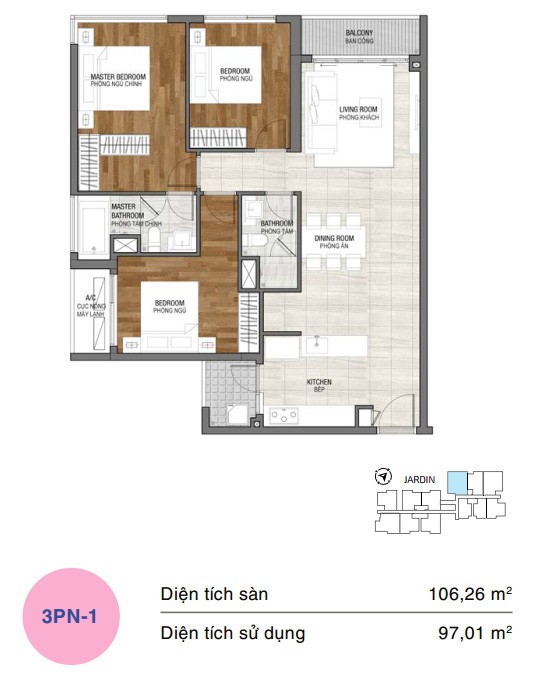 Mặt bằng căn hộ One Verandah 3 phòng ngủ loại 1