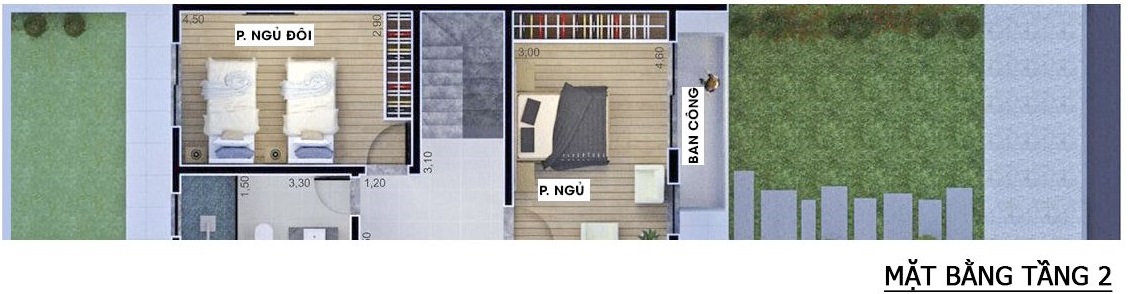 Mặt bằng c&ocirc;ng năng tầng 2 nh&agrave; ống 2 tầng