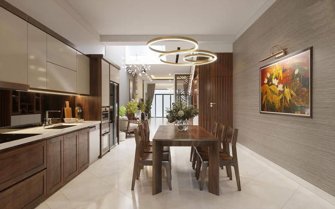 Ph&ograve;ng bếp sử dụng vật liệu gỗ vừa đẹp, tinh tế lại dễ lau dọn mang lại sự thư gi&atilde;n v&agrave; thoải m&aacute;i khi sử dụng.