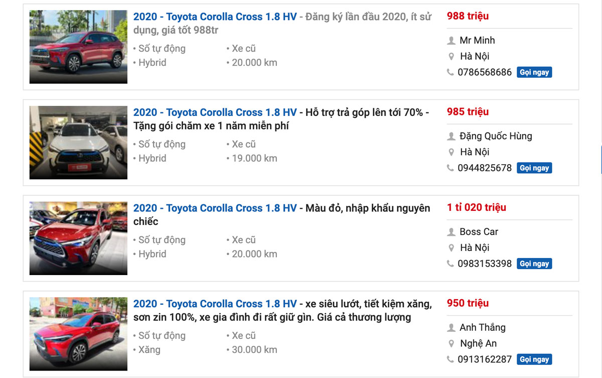 Gi&aacute; xe Toyota Corolla Cross Hybrid bản 2020 đ&atilde; qua sử dụng 