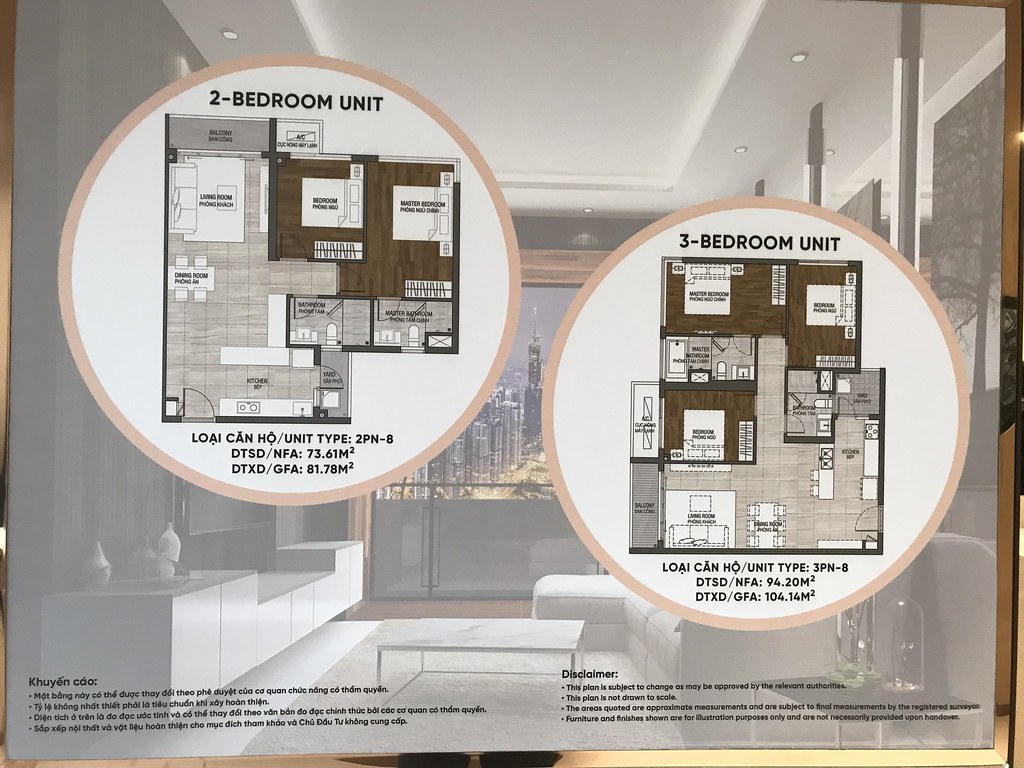 Mặt bằng căn hộ mẫu One Verandah 2 - 3 phòng ngủ