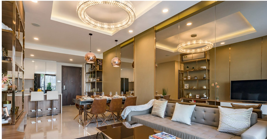Toàn cảnh không gian sinh hoạt chung trong căn hộ mẫu One Verandah