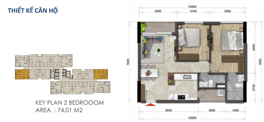 Mặt bằng căn hộ Mizuki Park 74,01m2 - 2 phòng ngủ