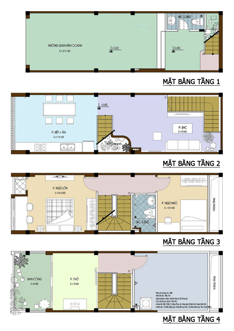 Mặt bằng c&ocirc;ng năng c&aacute;c tầng nh&agrave; ống hiện đại 4 tầng 4x12m