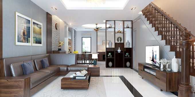 Kh&ocirc;ng gian ph&ograve;ng kh&aacute;ch mẫu nh&agrave; ống hiện đại 4  tầng 4x12m