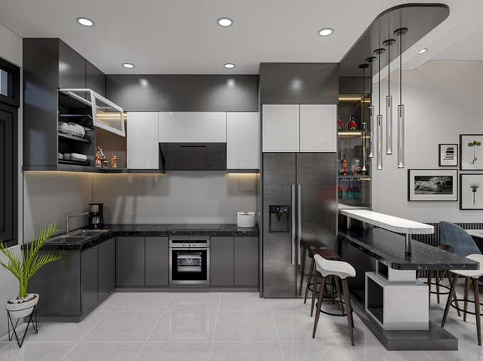 Kh&ocirc;ng gian ph&ograve;ng bếp ăn mẫu nh&agrave; ống hiện đại 4 tầng 4x12m