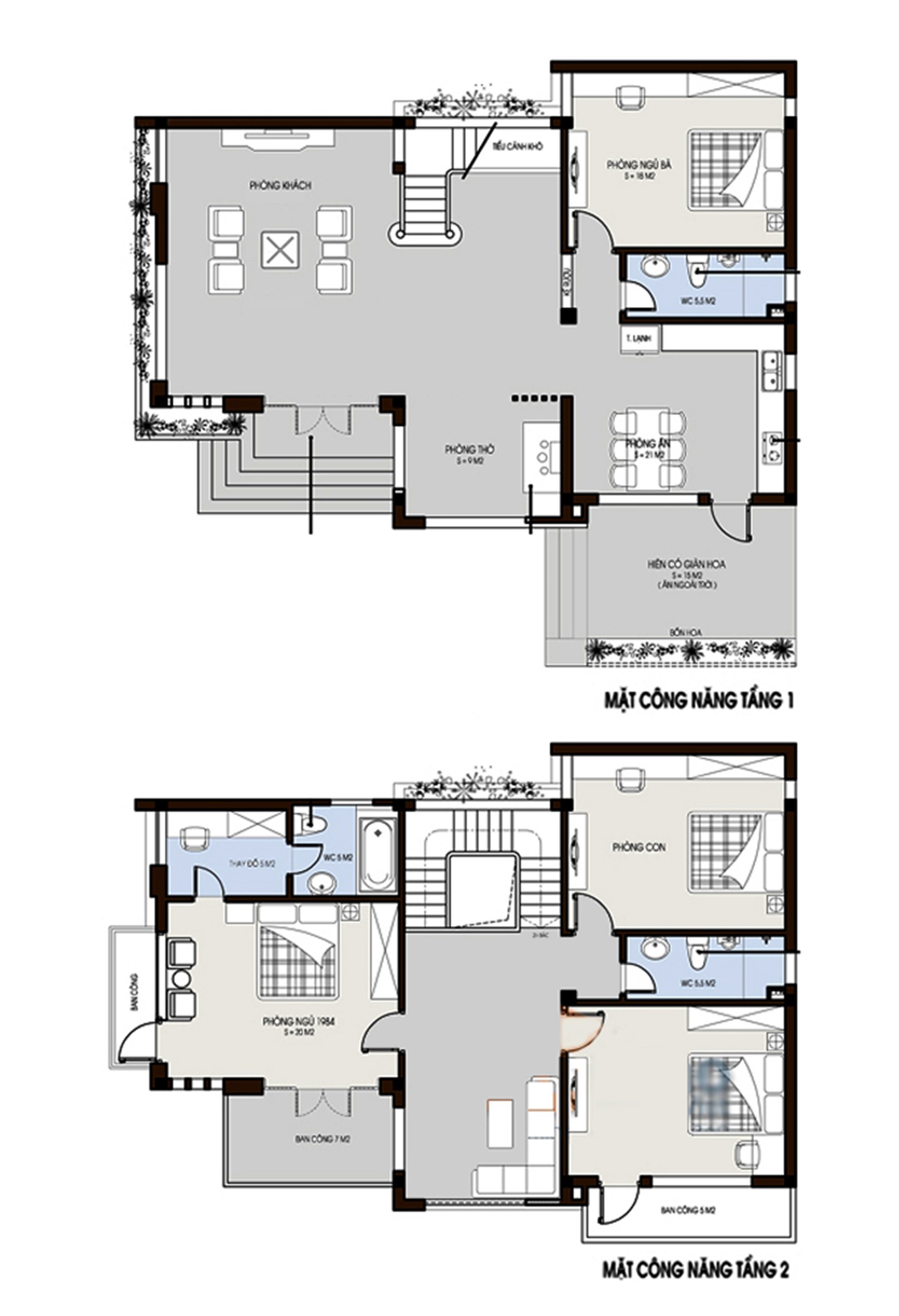 Mặt bằng c&ocirc;ng năng mẫu thiết kế biệt thự 2 tầng 110m2