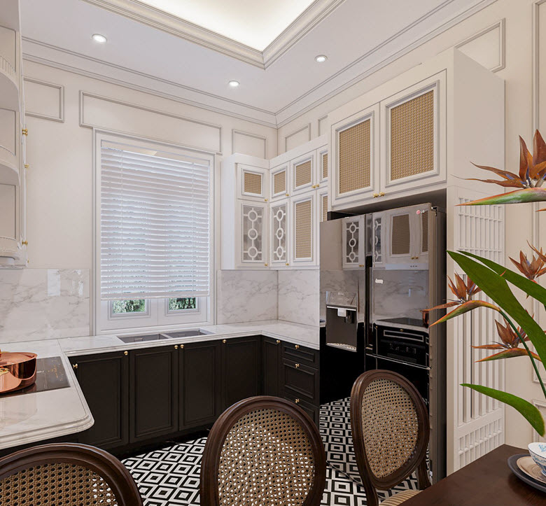 Hệ tường được trang trí phào chỉ chạy vòng quanh giúp căn Indochine có thêm màu sắc của Tân cổ điển. Cửa sổ luôn mở giúp không gian phòng bếp luôn sạch đẹp, khô ráo, thoáng khí.