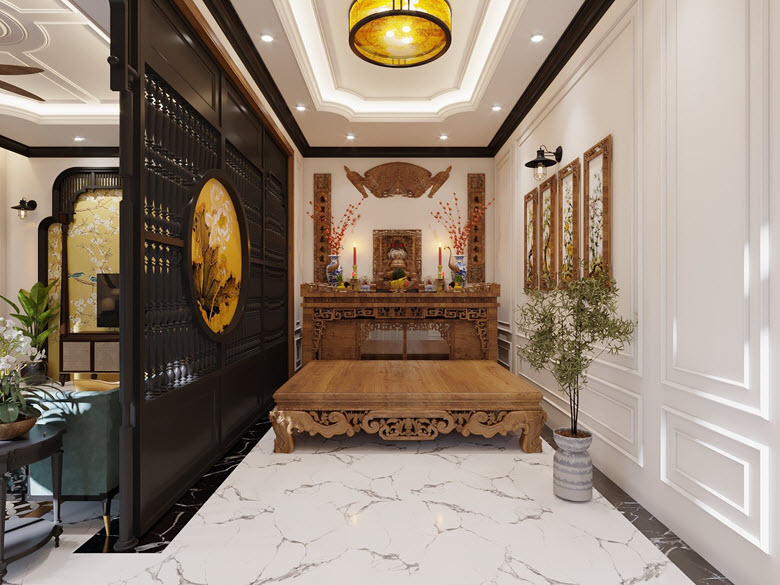 Phòng thờ đặt ở tầng 1 nhà phố, chỉ cách phòng khách một bức bình phong gắn bức tranh vào tâm điểm vô cùng ấn tượng.