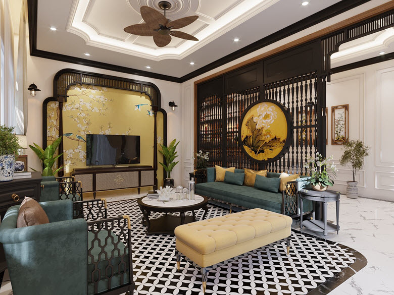 Phòng khách đậm chất Indochine với khung vòm, con tiện gỗ đẹp, độc đáo.