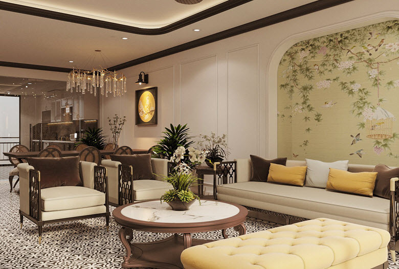 Ấn tượng tổng thể trong không gian phòng khách là chiếc sofa xinh xắn cùng khung tranh sinh động. Bàn ăn 6 ghế cũng được đặt hài hòa trong không gian phòng khách, giúp quá trình sinh hoạt và tiếp đón khách luôn được thuận tiện.
