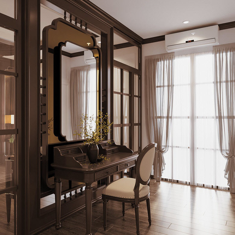 Phòng thay đồ được bố trí hệ thống bàn phấn đẹp tuyệt, với gương treo tường uốn lượn đồng dạnh với khung vòm lớn bao quanh, cực kỳ bắt mắt.