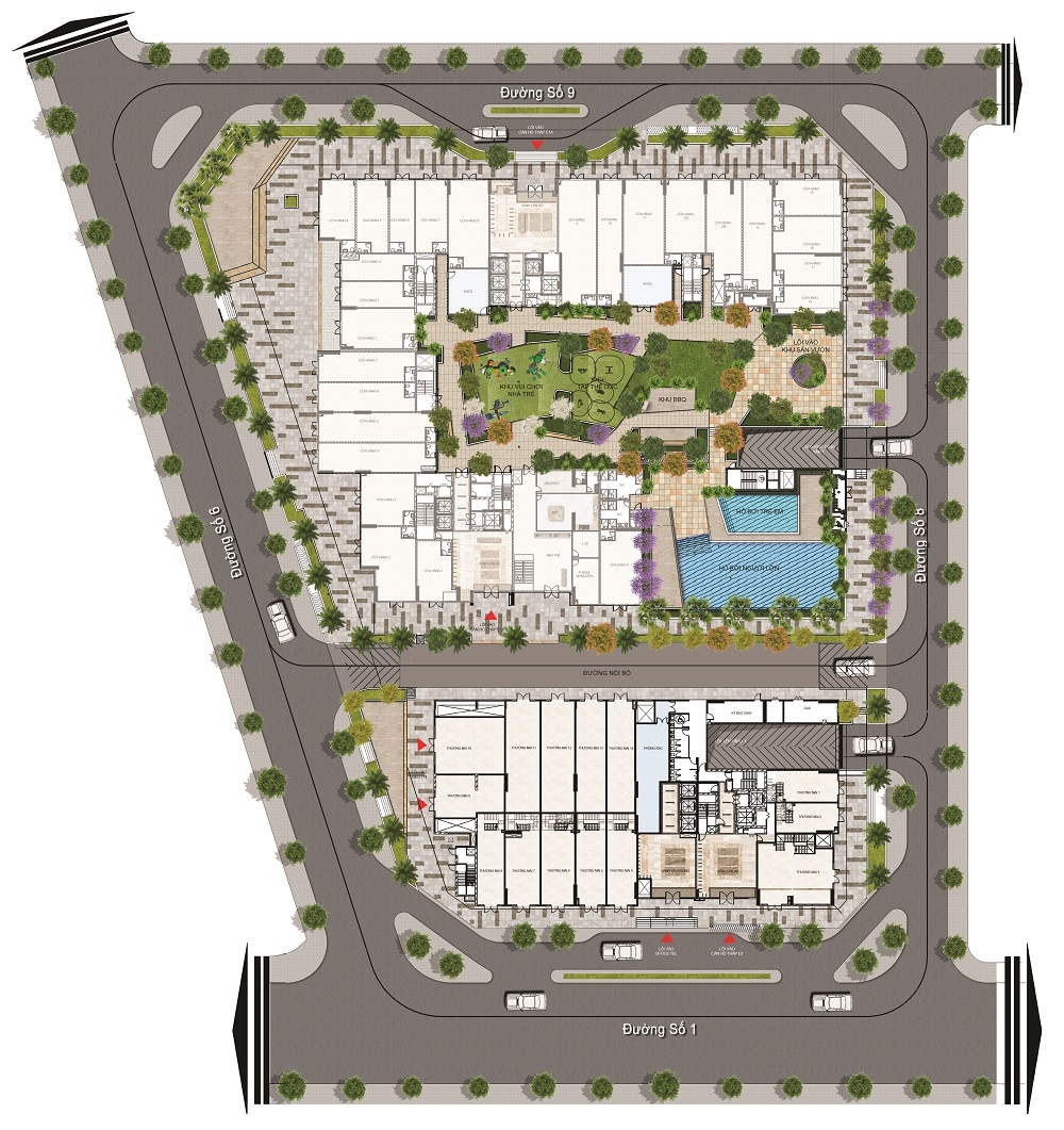 ​Mặt bằng Sunrise Riverside khu E gồm 2 block E1A - E1B và E2, chiều cao 21 tầng, có bể bơi trong khuôn viên.