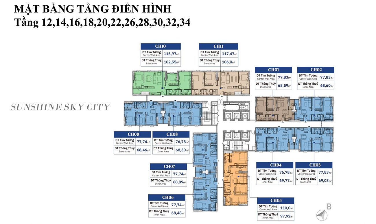 Mặt bằng điển hình các tầng 12, 14, 16, 18, 20, 22, 26, 28, 30, 32, 34