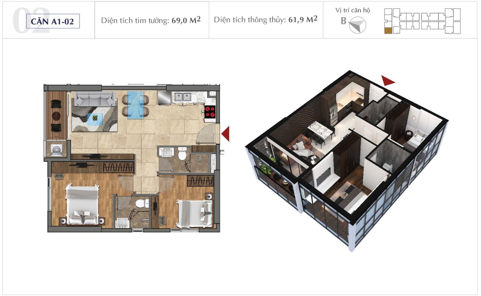 Phối cảnh mặt bằng căn hộ 61,9m2