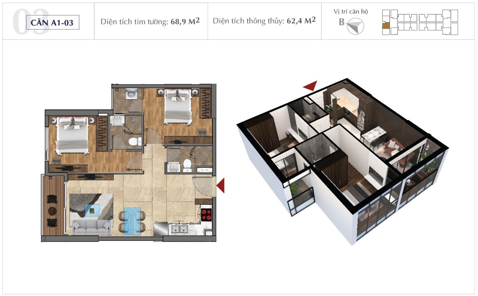 Phối cảnh mặt bằng 62,4m2