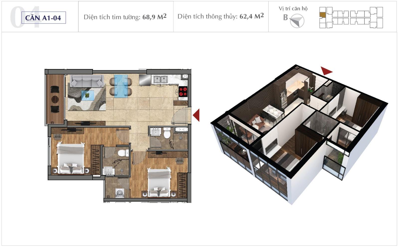 Phối cảnh mặt bằng 62,4m2
