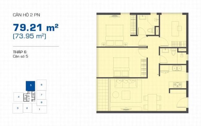 Mặt bằng căn hộ 2 phòng ngủ 79,21m2 vị trí số 5 