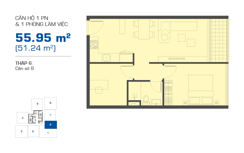Mặt bằng căn hộ 1 phòng ngủ + 1 diện tích 55,95m2 