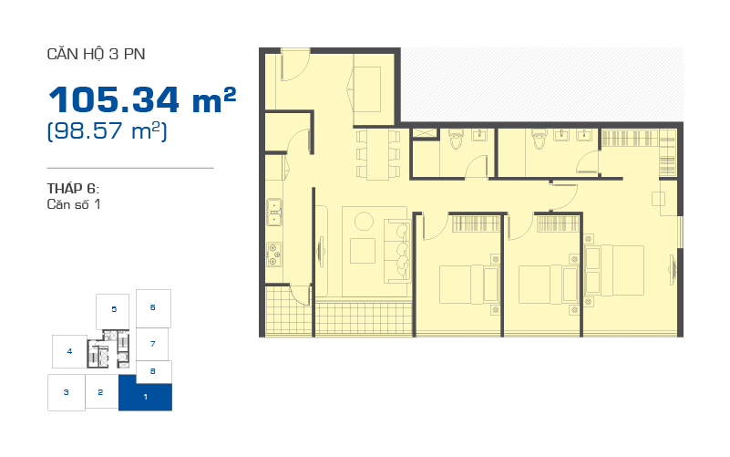 Mặt bằng căn hộ 3 phòng ngủ 105,34m2 