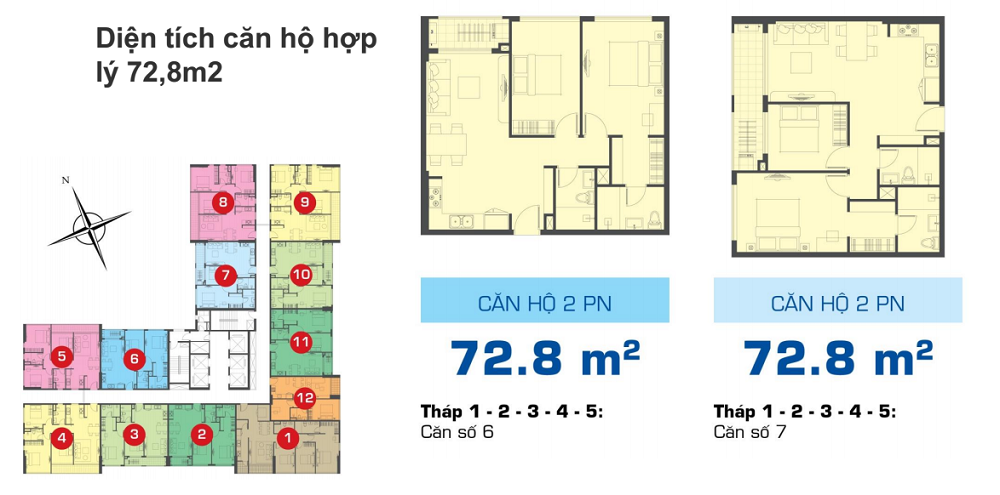 Mặt bằng căn hộ 2 phòng ngủ 72,8m2