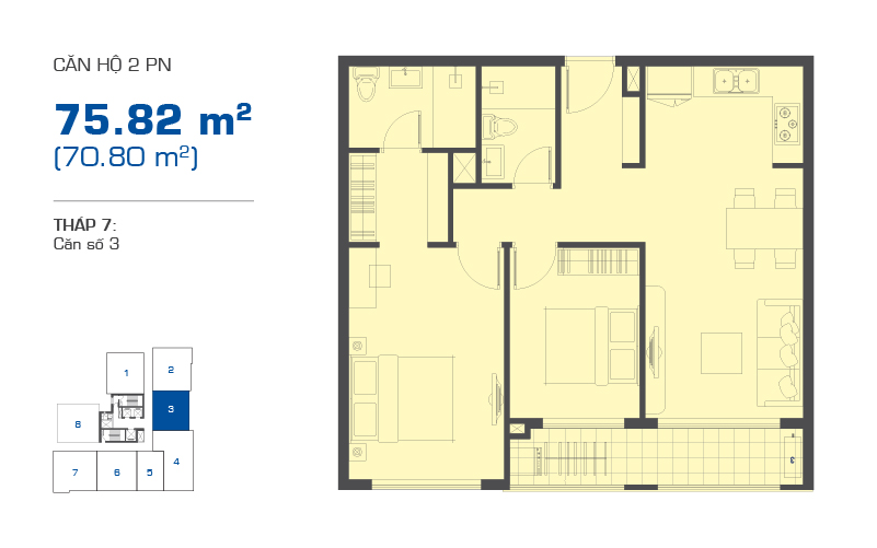 Mặt bằng căn hộ 2 phòng ngủ 75,82m2 