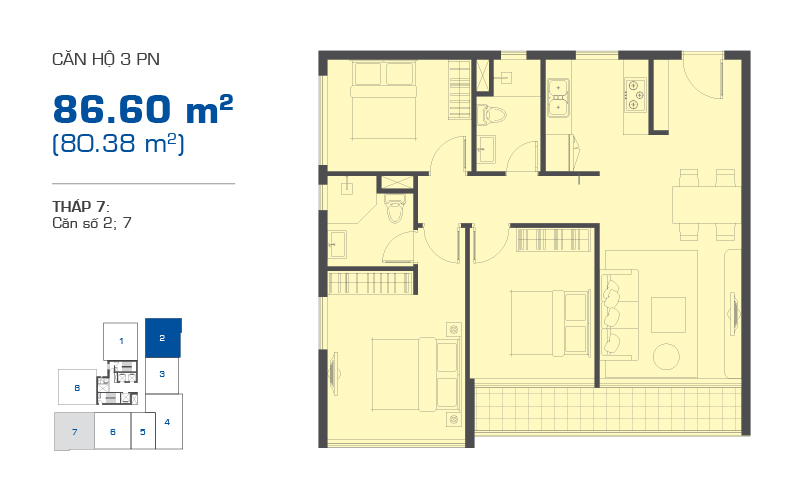Mặt bằng căn hộ 3 phòng ngủ 86,60m2 