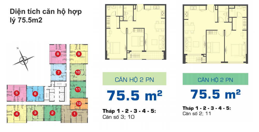 Mặt bằng căn hộ 2 phòng ngủ 75,5m2