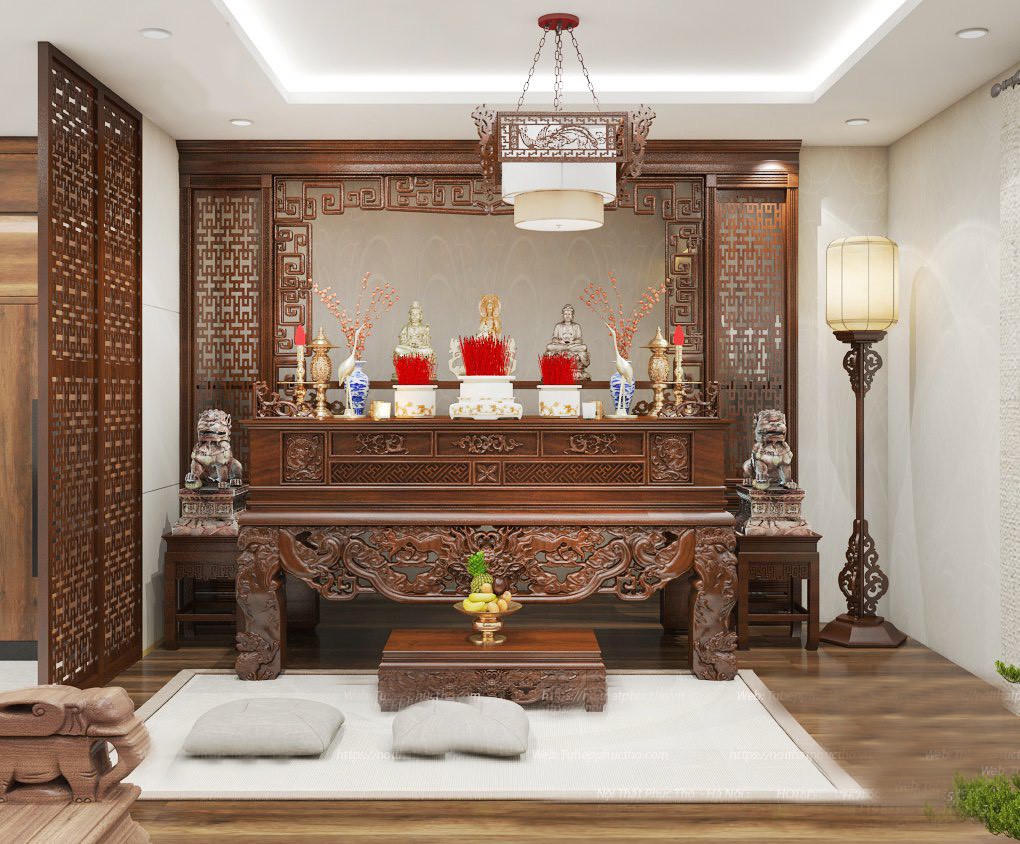 Phòng thờ sử dụng nội thất gỗ tự nhiên sang trọng, ấm áp.