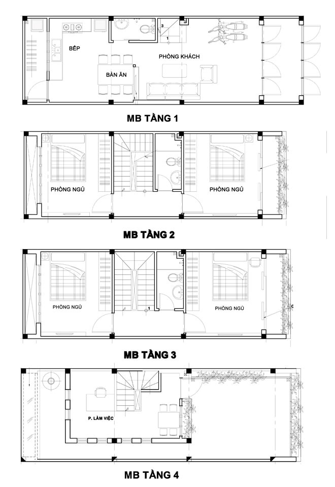 Thiết kế mặt bằng nhà ống 4 tầng 4,5x14m phong cách hiện đại